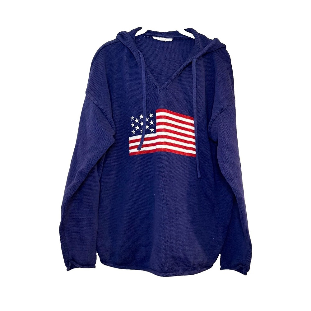BRIT.NY American Flag Pullover Hoodie Blue Cotton Knit Coastal Preppy 4th July